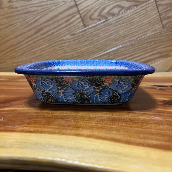 Polish Stoneware Pottery Ceramic UNIKAT Square 1803 Blue Floral Nakoneczna Baker - Picture 8 of 8